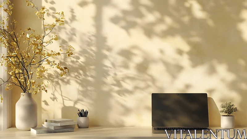 Sunlit minimalist desk with laptop and delicate branches.