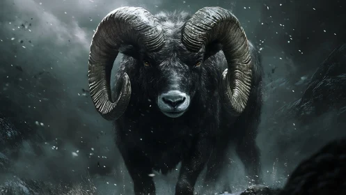 Stormbound black ram charging through icy mountain pass.