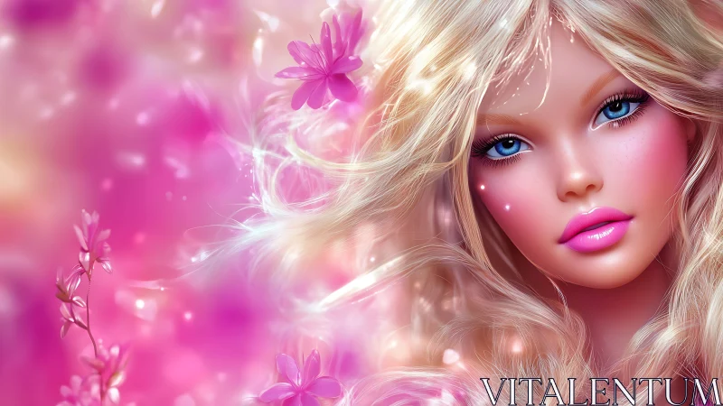 Dreamy blonde fairy with sparkling blue eyes and pink glow.