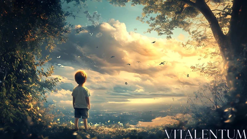 Child observing distant city beneath expansive sky at dusk.