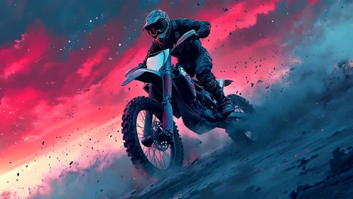 Nebula dirt rider carving starlit dust clouds at dusk.