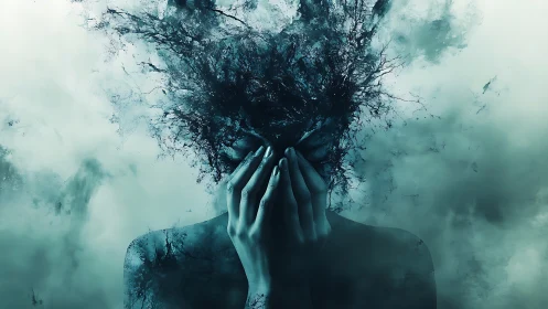 Shattered mind dissolving into storm clouds of ink and memory.