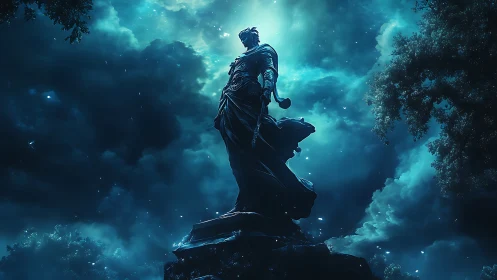 Moonlit stone guardian poised above a storm-tossed sky.