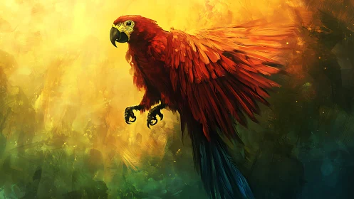 Vibrant digital painting of scarlet macaw in flight, abstract style.