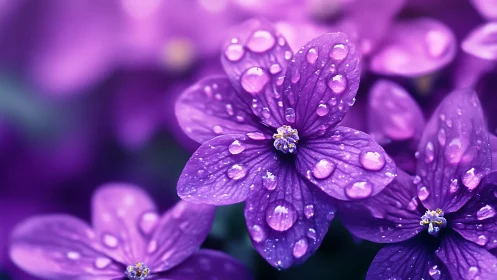 Purple Four-Petaled Flowers with Hydrophobic Droplets in Macro Detail