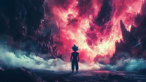 Silhouette of spiky-haired figure studies luminous cosmic rift