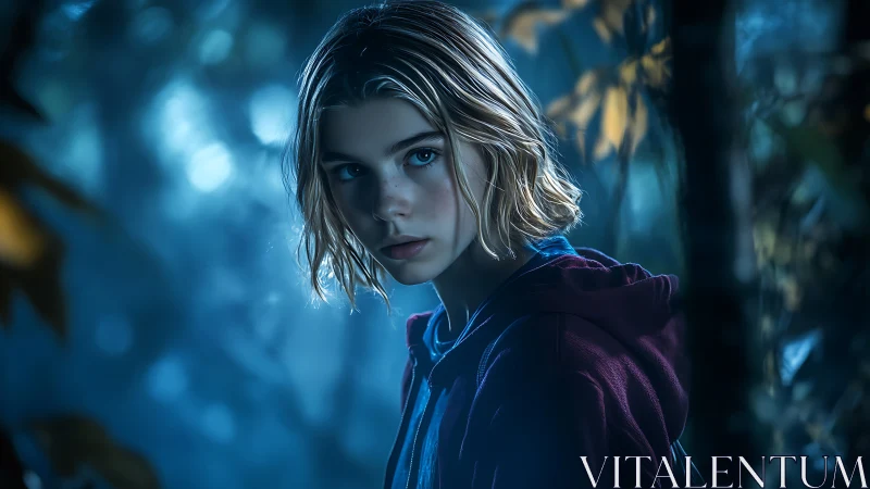 Moody blue hour forest portrait with shallow depth of field