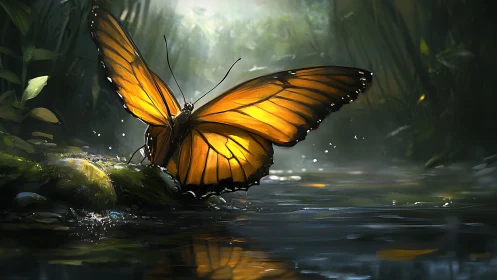 Luminous orange butterfly over rippling rainforest stream.