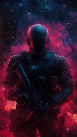 Armored soldier silhouette stands against nebula backdrop