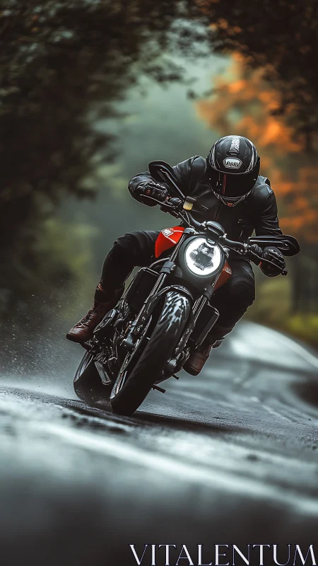 Motorcyclist leans into wet forest curve at dusk
