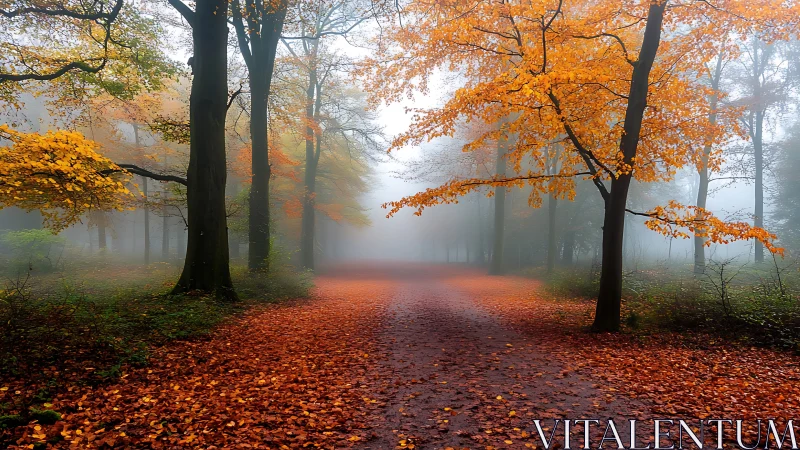 Misty Forest Path Lined with Golden Autumn Foliage and Atmospheric Fog