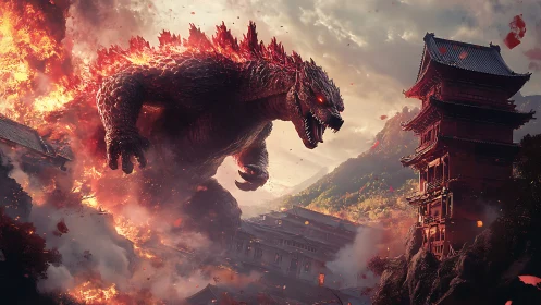 Cinematic kaiju assault on temple city in dramatic digital painting.