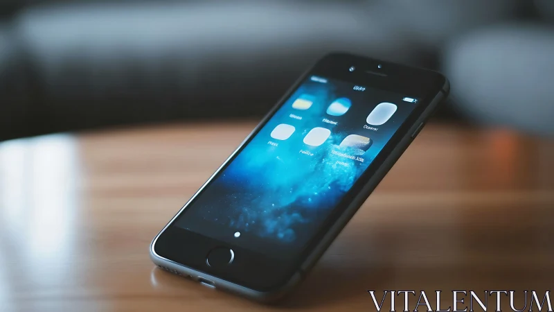 Smartphone displaying app icons on wooden surface.