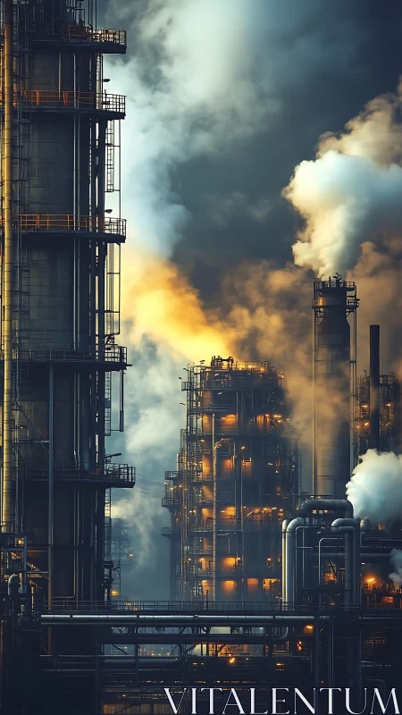 Industrial refinery towers in moody cinematic lighting.