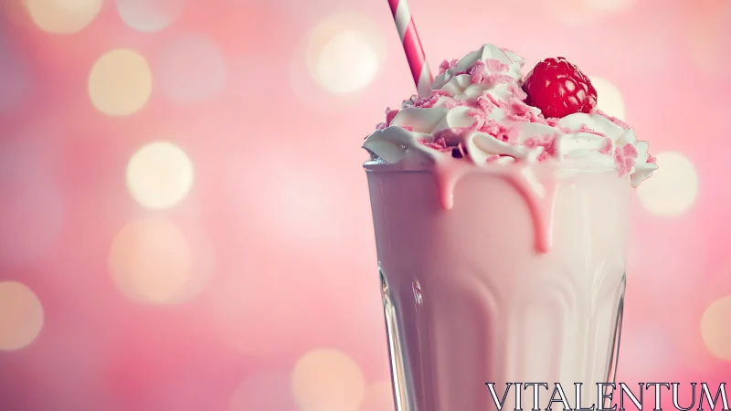 Photorealistic strawberry milkshake with bokeh pastel backdrop.