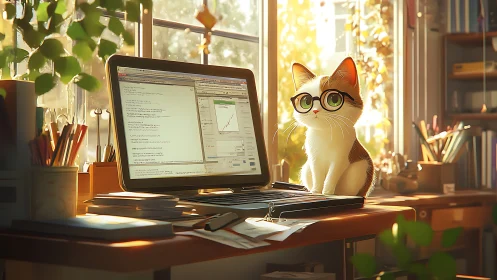 Feline Developer at Workspace: Scholarly Cat Wearing Glasses Before Laptop.