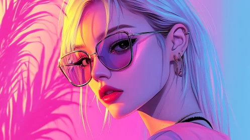 Neon-lit portrait of a cool blonde girl in reflective shades