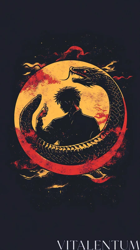 Silhouetted figure with coiled serpent against red sun.