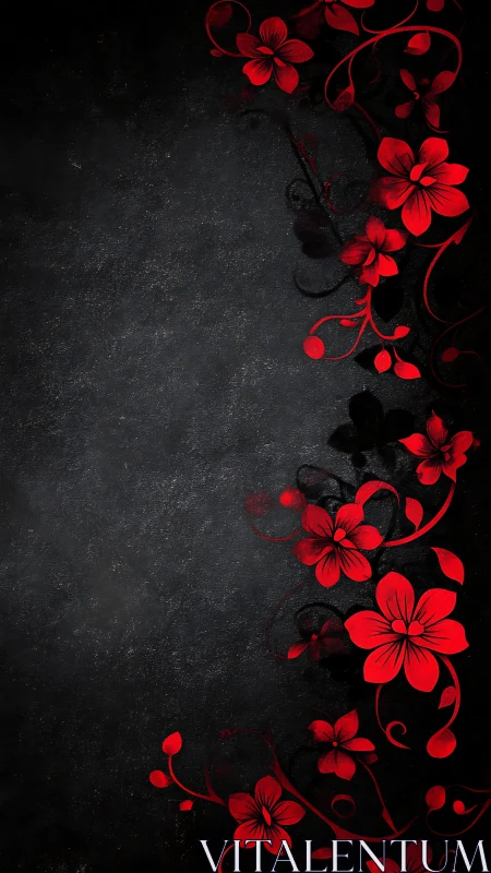 Red Floral Vines on Dark Textured Background Design