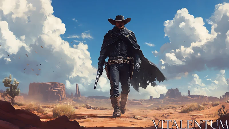 Lone gunslinger strolls beneath thunderhead castles of desert sky