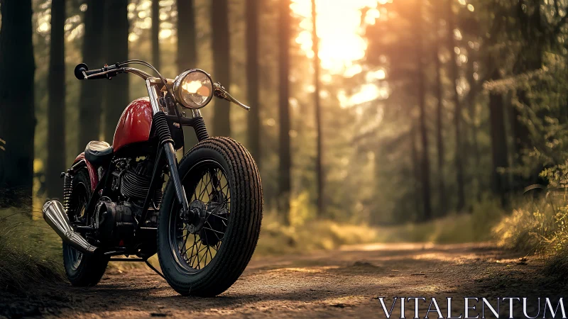 Red motorcycle on forest dirt road under soft daylight.