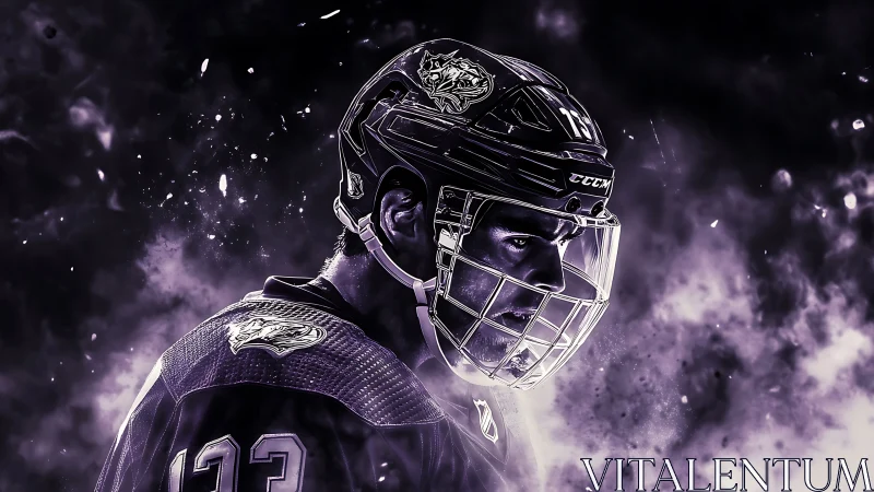 Purple spectral portrait of armored ice hockey forward in motion.