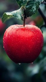 Macro study of dew-covered red apple in shallow focus