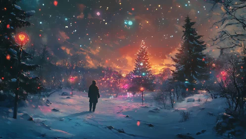 Solitary figure watches glowing winter tree under radiant sky