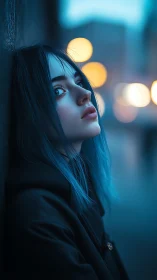 Cinematic teal portrait of blue-haired woman in dusk street