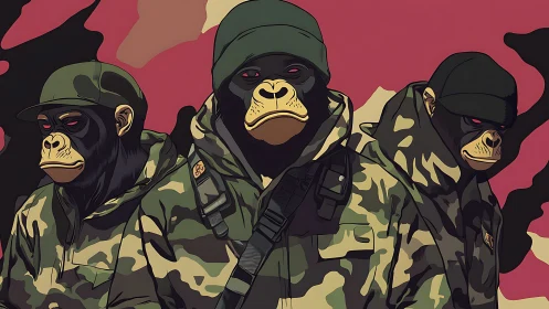 Militarized chimpanzee squad in camo jackets on red field