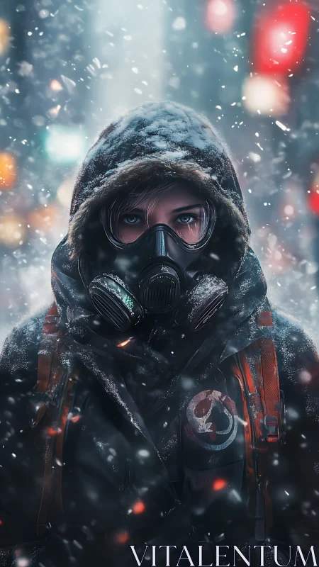 Hooded survivor in gas mask braves neon winter blizzard.