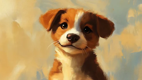 Digital portrait of brown white puppy on painterly bokeh ground