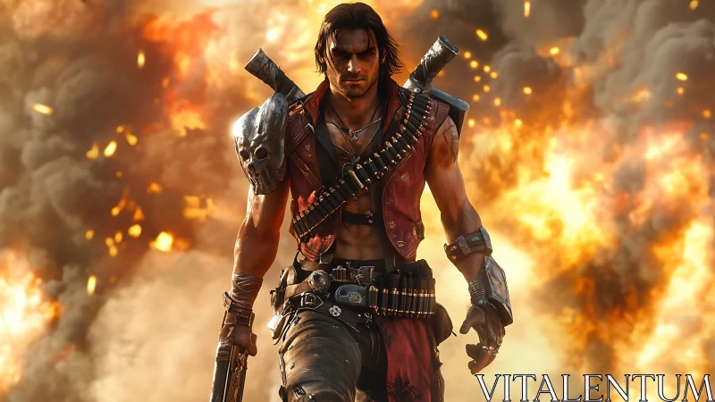 Gunslinger strides through blooming firestorms of chaos