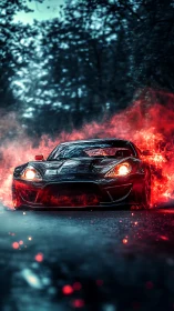 Sports car framed in red flames on dark forest road.