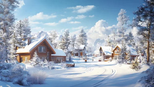 Snow-covered log cabins under directional winter sunlight in valley