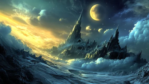 Moonlit spires rise above swirling clouds in a mystical world