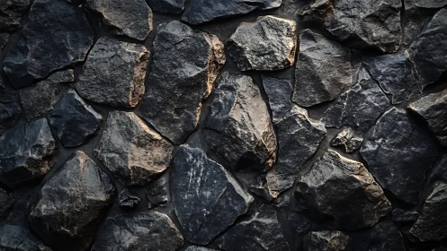Irregular dark stone wall surface with rough textured blocks.