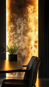 Backlit textured gold wall with modern black dining setting