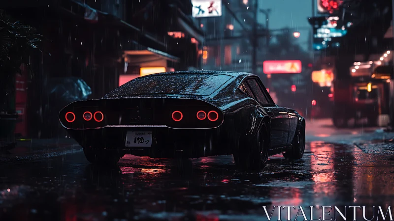 Noir sports car under neon rain on reflective city street.