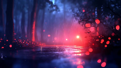 Rainlit forest path glowing with quiet neon magic.