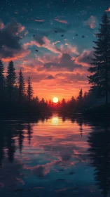 Digital sunset over conifer forest reflected in still lake