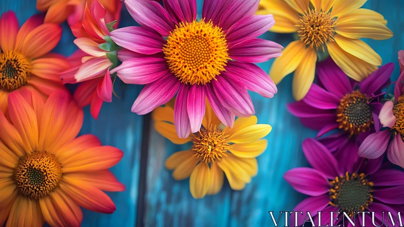 Vibrant Daisy Flowers on Turquoise Background.