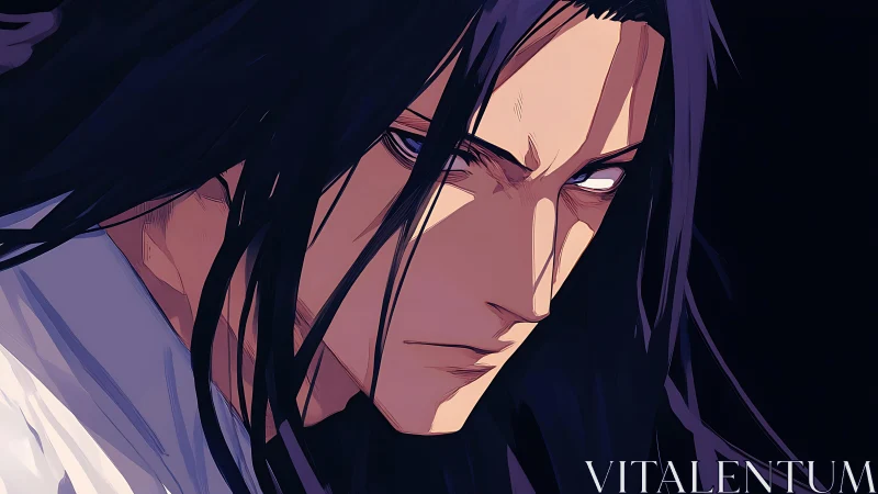Intense anime portrait with hard shadows and long dark hair
