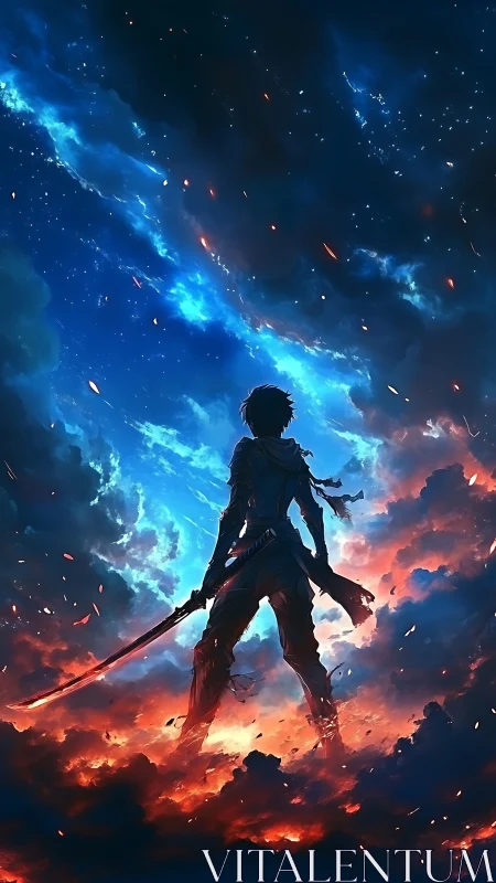 Silhouetted swordsman stands in glowing clouds beneath cosmos