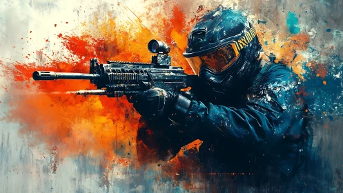 Armored tactical shooter in abstract color explosion field.