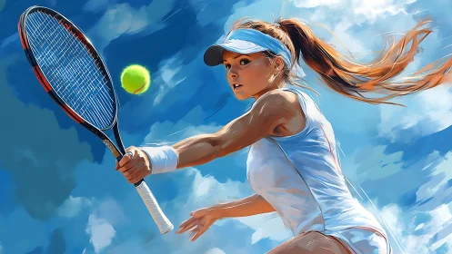 Sunlit tennis warrior lunges through a sky of electric blue.