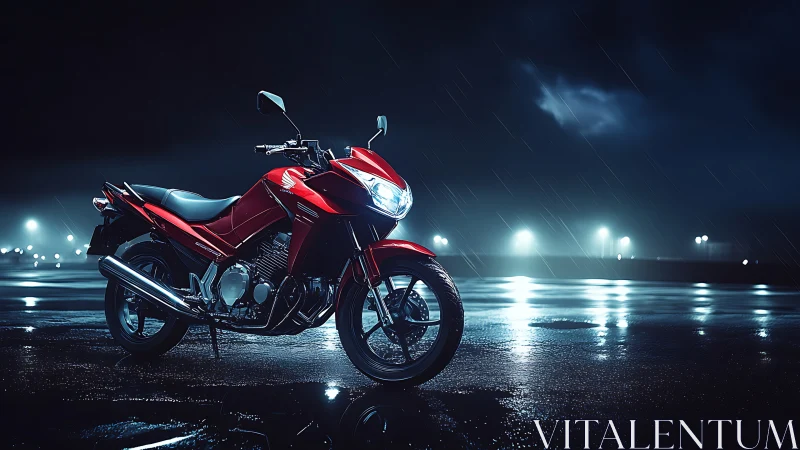 Scarlet night rider poised on rain‑slick neon asphalt.