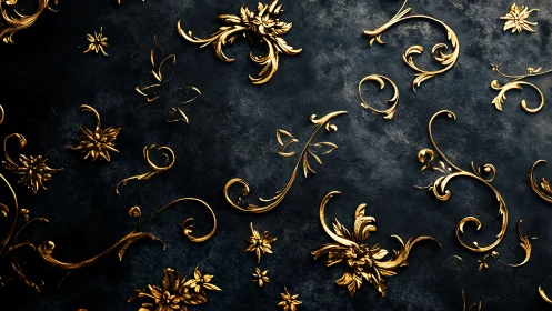 Baroque gold floral filigree motifs on textured black surface