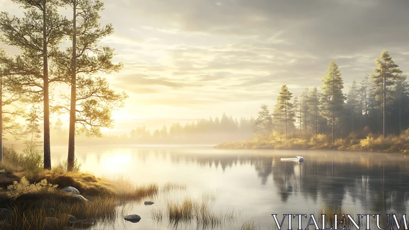 Digital painting of misty lakeside pines at sunrise panorama.