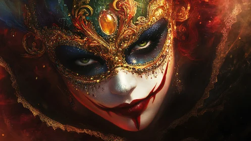Baroque carnival mask portrait in dramatic digital painting.
